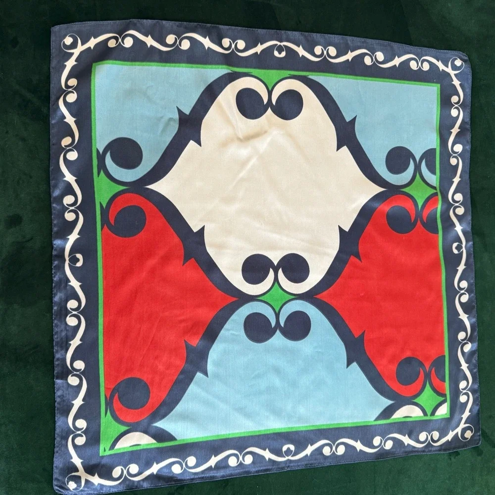 Vintage Geometric Square Scarf Blue Red Green White Scroll Border 100% Polyester